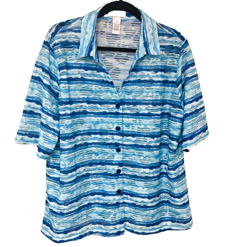 Drapers & Damons Womens Burnout Blouse Top Beachy Coastal Abstract Striped 1X‎